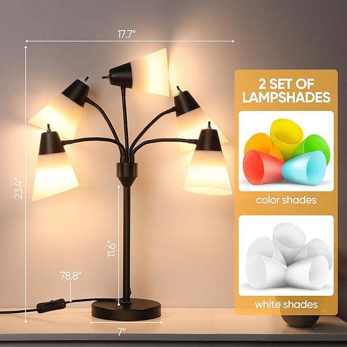 Hamucd Tree Table lamp, Multi Head Medusa 5 Light Adjustable Gooseneck Corner Lamp, Rustic Kids Bedside Reading Lamp with Fun Light Multicolored Shades for Bedroom, Living Room, Office, STR-DL-0027
