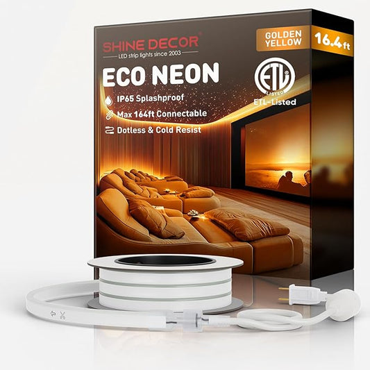 Shine Decor LED Rope Lights AC 120V, Connectable & Cuttable Dotless 120LEDs/M Eco Neon Strip Lighting, ETL IP65 Waterproof & Weather-Resistant for Home Commercial, 8x16mm, Gold, 16.4FT