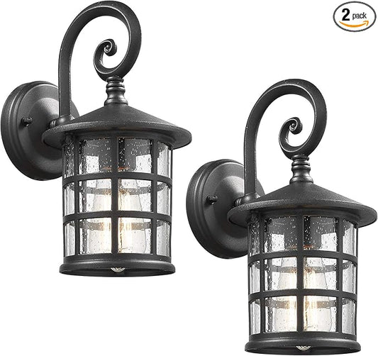 Emliviar Outdoor Porch Lights 2 Pack - Outside Wall Lights for House, Seeded Glass in Black Finish, XE222B-2PK BK