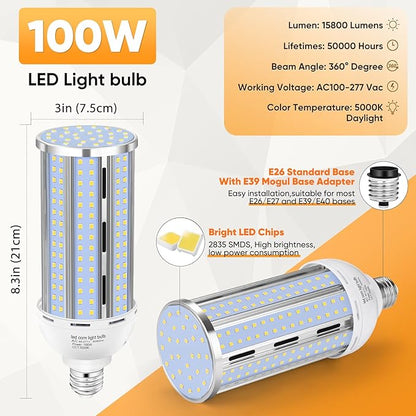 4 Pack 100W Corn LED Light Bulb Fanless,5000K Daylight(1000 Watt Equivalent) E26/E39 Large Mogul Base LED Cob Lamp 15,800LM for Outdoor Indoor Garage Warehouse Factory Workshop Street Backyard