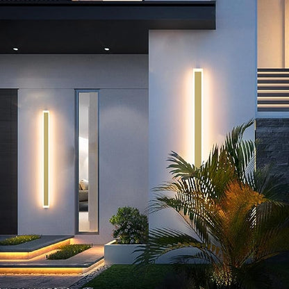 Aipsun Outdoor Lights 2 Pack,Modern Outdoor Wall Light Fixture Long Strip LED Wall Sconce IP65 Anti Rust Warm Light 3000K Gold Exterior Wall Mount Lights for Entrance, Hallway, Garage, Porch
