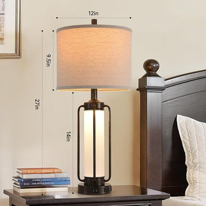 Farmhouse Lamps for Living Room Vintage Bedroom Nightstand Table LampRustic Bedside Lamp Lamps Set of 2 Rocker Switch & USB A+C Charging Ports & AC Outlet,Built-In Frosted Glass Night Light