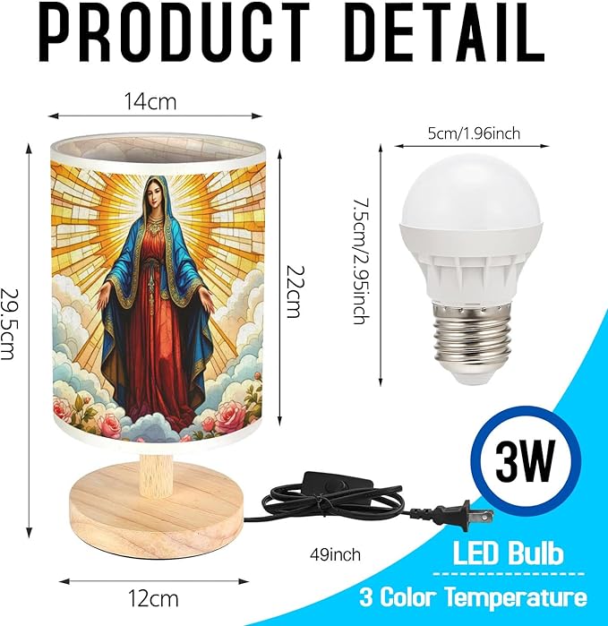 Our Lady of Guadalupe Table Lamp LED 3-Color Pressed Bedside, Our Lady of Guadalupe Shade Lamp with Wood Base for Bedroom Living Room Desk Office TL01