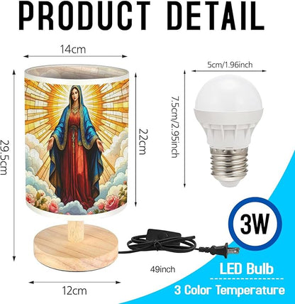 Our Lady of Guadalupe Table Lamp LED 3-Color Pressed Bedside, Our Lady of Guadalupe Shade Lamp with Wood Base for Bedroom Living Room Desk Office TL01