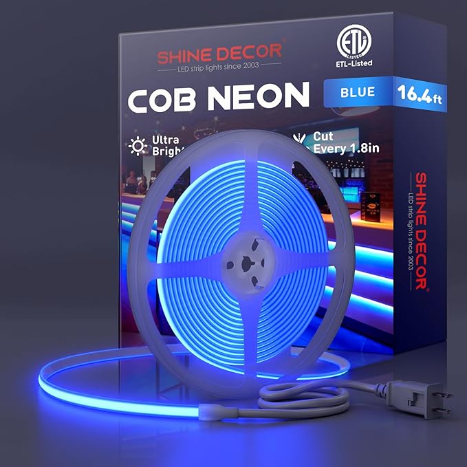 Shine Decor COB LED Rope Light AC 120V, 800lm Ultra Bright, IP65 Waterproof Cold-Resistant ETL Neon Strip, No Driver Tape Lighting for Home Commercial 10x4.5mm, Blue, 16.4ft