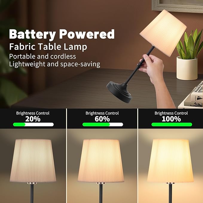 Cordless LED Table Lamp,Portables Fabric Shade Desk Lamps, 5000mAh Rechargeable Battery Powered Lighting, Dimmable Light for Dining Room, Bedroom, Bedside, Night Light, Balcony (Black-02)