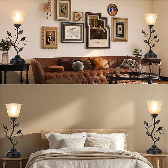 Touch Lamps for Nightstand Set of 2, Stripe Glass Shade Blossoming Bedside Lamp with USB A+C Charging Ports, Torchiere Table Lamp with Metal Leaf Base Decor Bedroom Living Room