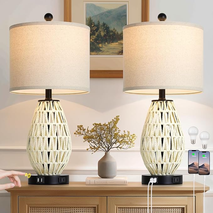 Touch Control Rattan Table Lamps, 3 Way Dimmable Bedside Lamps for Bedroom Set of 2 with 2 USB Ports and AC Outlet, Wicker Nightstand Lamps for Living Room (LED Bulbs Included), White