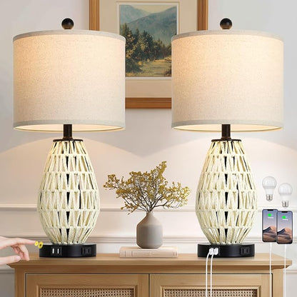 Touch Control Rattan Table Lamps, 3 Way Dimmable Bedside Lamps for Bedroom Set of 2 with 2 USB Ports and AC Outlet, Wicker Nightstand Lamps for Living Room (LED Bulbs Included), White