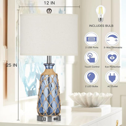 Coastal Glass Table Lamps, 3-Way Dimmable Touch Control Bedside Lamps with 2 USB Ports and AC Outlet, Blue Nautical Nightstand Lamps for Bedroom Living Room (LED Bulbs Included)