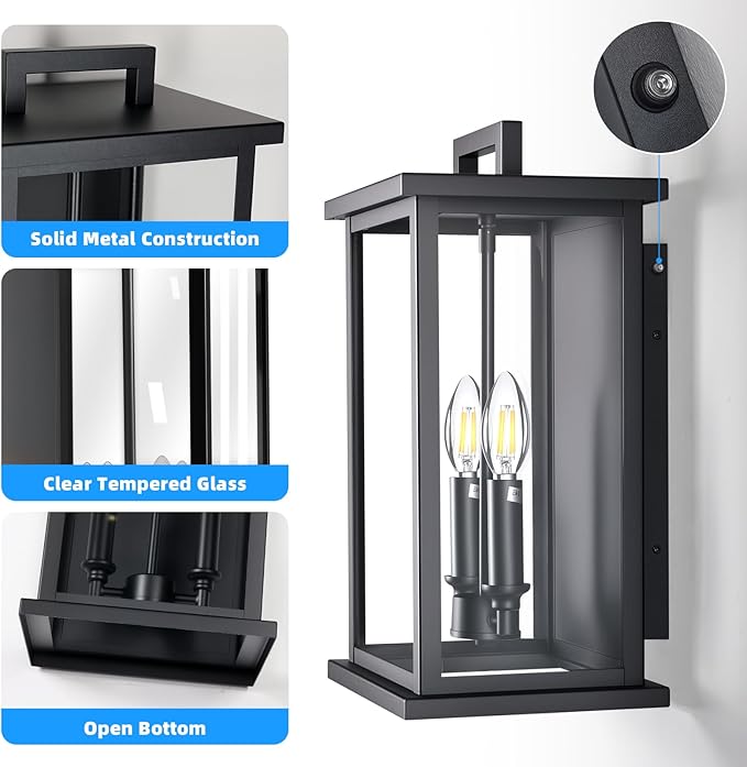 Dusk to Dawn Black Outdoor Light Fixture Wall Mount,Medium Patio Wall Light Fixture,Modern Front Porch Light,Outdoor Exterior Wall Lantern Sconce for House,Garage,Hallway,Waterproof,2 Packs