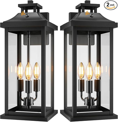 20" Large Dusk to Dawn Outdoor Lights 3-Light, 2 Pack Black Modern Exterior Lighting Fixtures Photocell Sensor Outside Porch Lights Wall Mount, Waterproof Patio Exterior Sconce Lamps E12