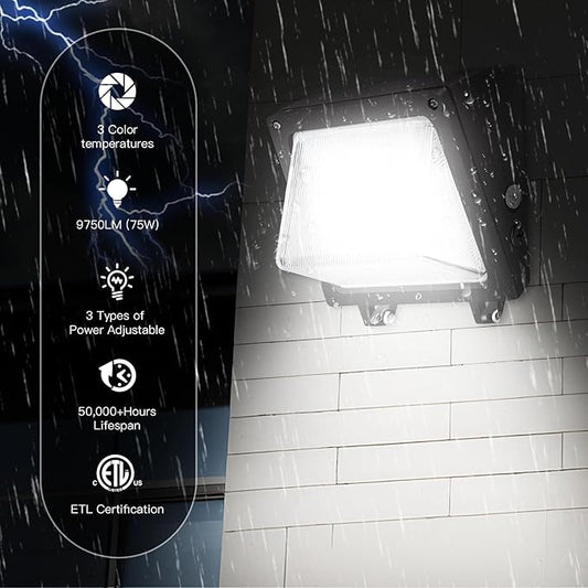 JTT LED Wall Pack Lights Outdoor with Dusk to Dawn Photocell, Selectable 75W/60W/45W, 9750LM/7800LM/5850LM, 6000K/5000K/4000K,Waterproof Flood Security Wall Pack Lighting for Garage Yard Parking Lot