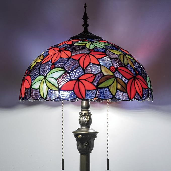 Tiffany Floor Lamp, 16" Stained Glass Maple Leaf Shade with Antique Bronze Base, 2-Light E26 Pull Chain Standing Reading Light for Living Room Bedroom16x16x64 Inches (Purple Blue Maple Leaf)
