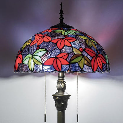 Tiffany Floor Lamp, 16" Stained Glass Maple Leaf Shade with Antique Bronze Base, 2-Light E26 Pull Chain Standing Reading Light for Living Room Bedroom16x16x64 Inches (Purple Blue Maple Leaf)