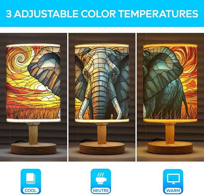 Elephant Table Lamp LED 3-Color Pressed Bedside, Elephant Shade Lamp with Wood Base for Bedroom Living Room Desk Office TL01