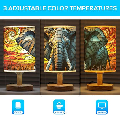 Elephant Table Lamp LED 3-Color Pressed Bedside, Elephant Shade Lamp with Wood Base for Bedroom Living Room Desk Office TL01