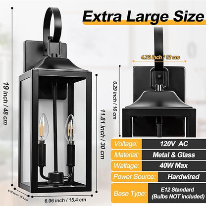 19" Large Outdoor Wall Light - Black Outside Wall Mounted Light Fixture, Exterior Farmhouse Wall Sconce Lantern 2-Light, Modern Porch Lighting Exterior Lamp for House, 2 Pack