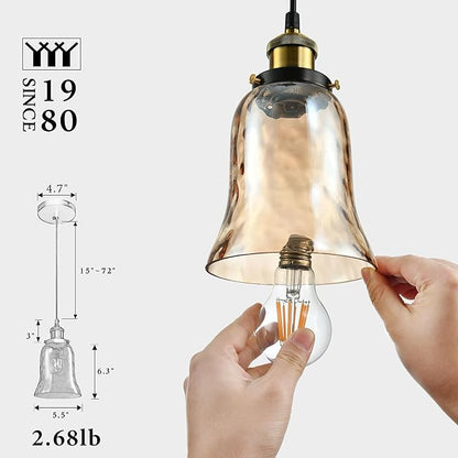 Modern Glass Pendant Light, 5.5"x6.3" Amber Ribbed Globe Light Fixture with Gold Cap, 15"-72" Adjustable Cord, E26 Socket for Dining or Lounge Areas – Sunrise Glow Trumpet