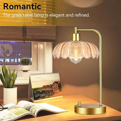 Glass Table Lamp Set of 2,Small Gold Bedside Lamps Dimmable Boho Bedroom Lamp with Tulip Flower Amber Lamp Shade,Vintage Mid Century Modern Mini Nightstand Lamp for Bedroom Living Room