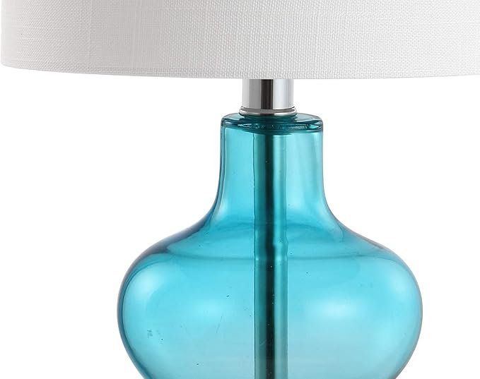 JONATHAN Y JYL4036A 20.5" Modern Glass Table Lamp, Aqua Blue Bedside Lamp for Living Room, Bedroom Nightstand, Coastal End Table Desk Lamp with White Linen Drum Shade, LED Bulb Included