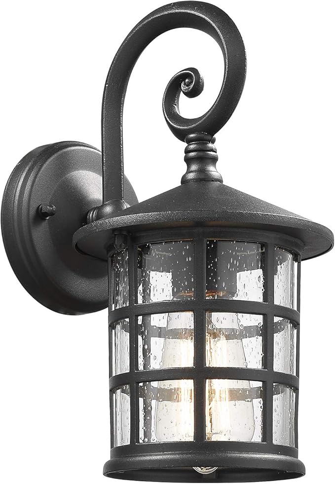 Emliviar Outdoor Wall Lantern Sconce - Industrial Exterior Wall Mount Light Fixture for Garage, Seeded Glass in Black Finish, XE222B BK