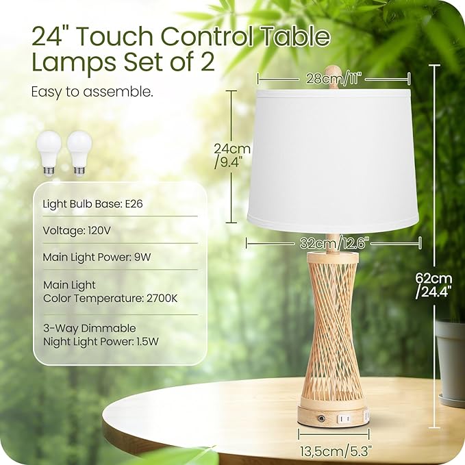 24.4”Farmhouse Rattan Table Lamps Set of 2, Touch Bedside Lamps for Bedroom with 3-Way Dimmable Night Light, USB A+C Charging Ports, Bamboo Boho Nightstand Lamps, White, W04TC05
