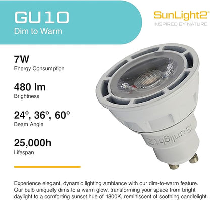 SunLight2® Premium Edition | GU10 LED Bulb 7W | 120V AC | 3000K to 1800K Dim to Warm | CRI 97+ | 36° Beam Angle MR16 Spotlight | White Finish | 4 Pack | Energy Efficient Flicker Free