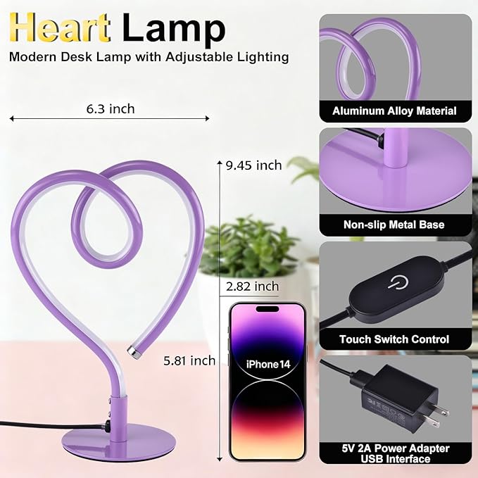 Purple Desk Lamp – 3CCT 2700K 4000K 6500K Stepless Dimmable Heart Lamp, Touch Control Aluminum Table Light with USB Adapter for Bedroom,Bedside,Nightstand
