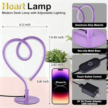 Purple Desk Lamp – 3CCT 2700K 4000K 6500K Stepless Dimmable Heart Lamp, Touch Control Aluminum Table Light with USB Adapter for Bedroom,Bedside,Nightstand