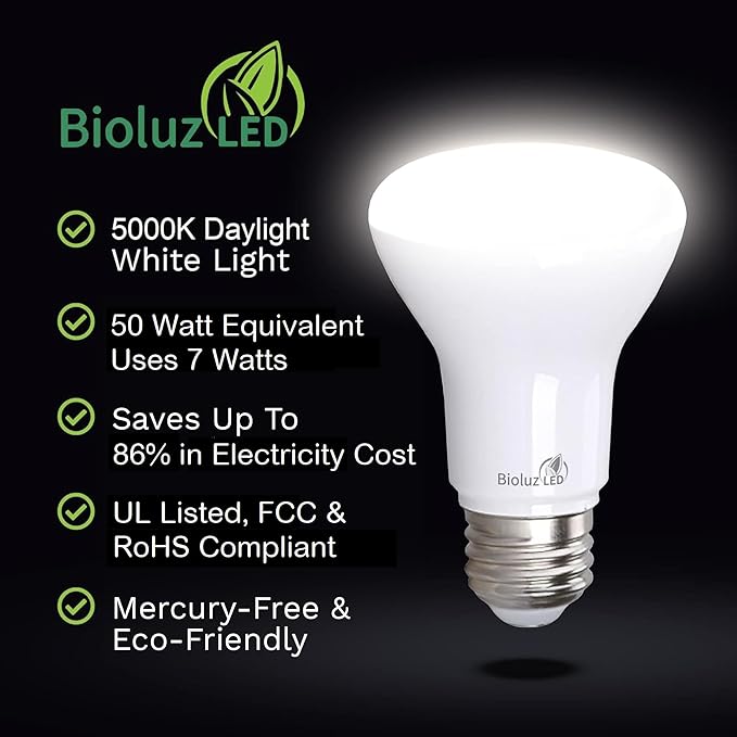 Bioluz LED 4 Pack BR20 LED Bulbs Indoor Flood Light R20 Dimmable High CRI 5000K Daylight, 50 Watt Equivalent Uses 7W, 540 Lumens UL Listed FCC RoHS Compliant