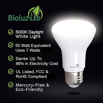 Bioluz LED 4 Pack BR20 LED Bulbs Indoor Flood Light R20 Dimmable High CRI 5000K Daylight, 50 Watt Equivalent Uses 7W, 540 Lumens UL Listed FCC RoHS Compliant