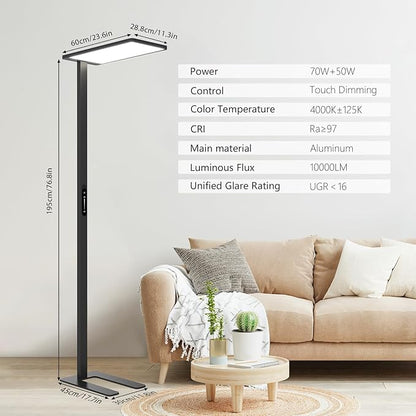 STERREN Modern LED Floor Lamp, 10000LM Touch Dimming Standing Lamp, 4000K Full Spectrum Eye-Care Reading Light Floor Standing, 76.8" Tall Lamp for Study Room, Office, Living Room, Bedroom (Black)