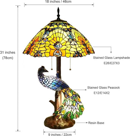 Large Tiffany Table Lamp 18" Wide Handmade Stained Glass Lamp Shade 3 Light Peacock Style Vintage Desk Light for Living Room Bedroom Bedside Reading Light,Peacock