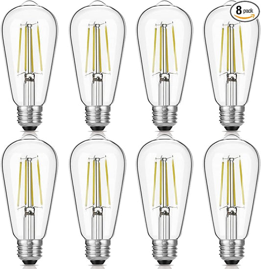 LED Edison Bulbs 6W, Equivalent 60W, High Brightness Daylight White 5000K, 750 Lumens, ST58 Vintage LED Filament Bulbs with 90+ CRI, E26 Base, Dimmable, Clear Glass, Pack of 8