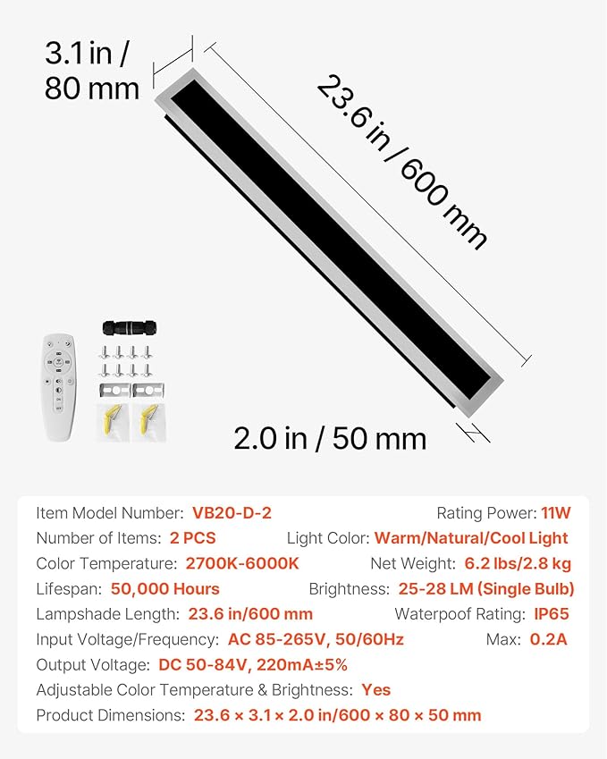 VEVOR Outdoor Wall Lights, 2 Pack, 23.6 Inch Long Strip Modern Exterior Wall Sconce Light Fixtures, 2700K-6000K, IP65 Waterproof Anti-Rust, Dimmable Outside Wall Mount Lighting, for House Porch Garage