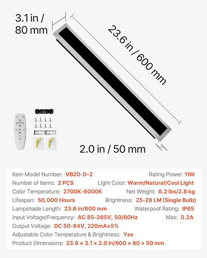 VEVOR Outdoor Wall Lights, 2 Pack, 23.6 Inch Long Strip Modern Exterior Wall Sconce Light Fixtures, 2700K-6000K, IP65 Waterproof Anti-Rust, Dimmable Outside Wall Mount Lighting, for House Porch Garage