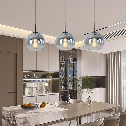 Modern Black Globe Pendant Light Glass Ceiling Pendant Light for Kitchen Silver Pendant Lighting Over Island Dining Room Pendant Light Fixture-Mid Century Light Fixture,2 Pack（11.8 Inch）