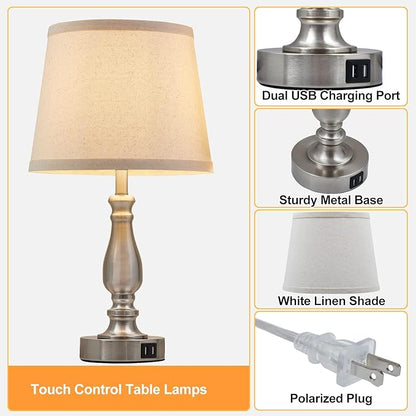 Lamps for Bedrooms Set of 2, Brushed Nickel Bedside Lamps with USB C+A Ports,Dimmable Nightstand Lamps with Fabric Lampshade, Touch Table Lamp for Living Room Bedroom Office, Bulbs Included