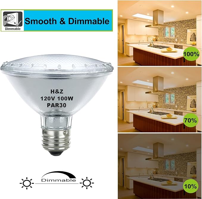 H&Z Par30 Short Neck, 6 Pack Par30s Halogen 100W 120V, Par30 Dimmable Warm White 3000K, 100W Par30 Flood Light with E26 Medium Base for Recessed Trim Lighting, Track Light