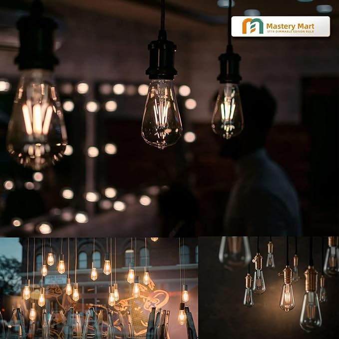 MASTERY MART 6 Pack Vintage Edison Bulbs, E26 Led Bulb 5.5W Equivalent to 60W, Dimmable, 2700K Soft White, High Brightness Antique ST19, Clear Glass
