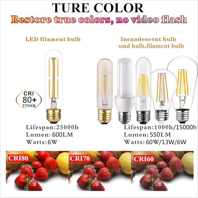 LiteHistory Dimmable E26 Edison Bulb 6W Equal 60 watt Light Bulb AC120V Warm White 2700K Edison Light Bulbs 60 Watt 600LM Tubular T10 led Bulb for Rustic Pendant,Chandeliers,Wall sconces,Vanity 6Pack