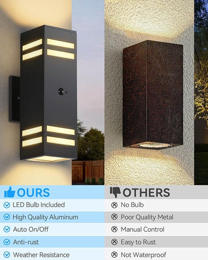 Motion Sensor Outdoor Lights 2 Pack, Modern Outdoor Wall Lights Black Exterior Lighting Fixtures, Square Motion Detector Lights for Outside, Waterproof Sconce for House Porch, Bulbs Included