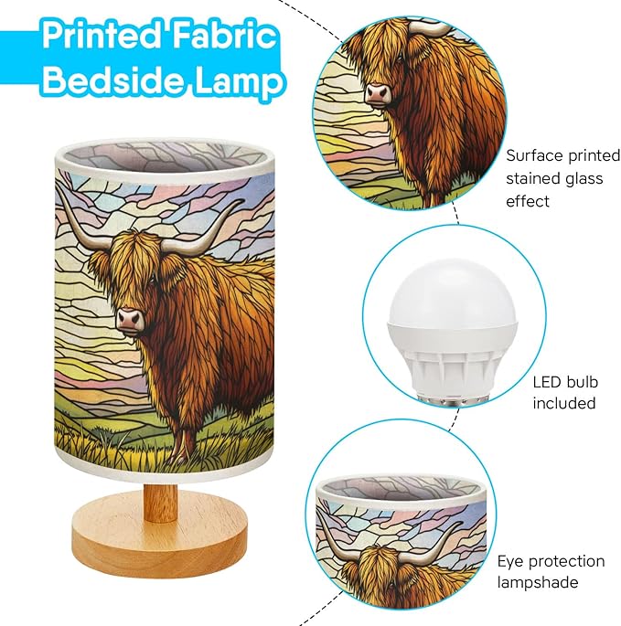 Highland Cow Table Lamp LED 3-Color Pressed Bedside, Highland Cow Shade Lamp with Wood Base for Bedroom Living Room Desk Office TL01