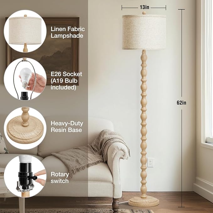 62" Floor Lamps for Living Room, Adjustable Color Temperature Standing Lamp, Vintage Farmhouse Floor Lamp with Rotary Switch, Rustic Resin Tall Lamps for Living Room, Bedroom, Office, Corner (Cream)