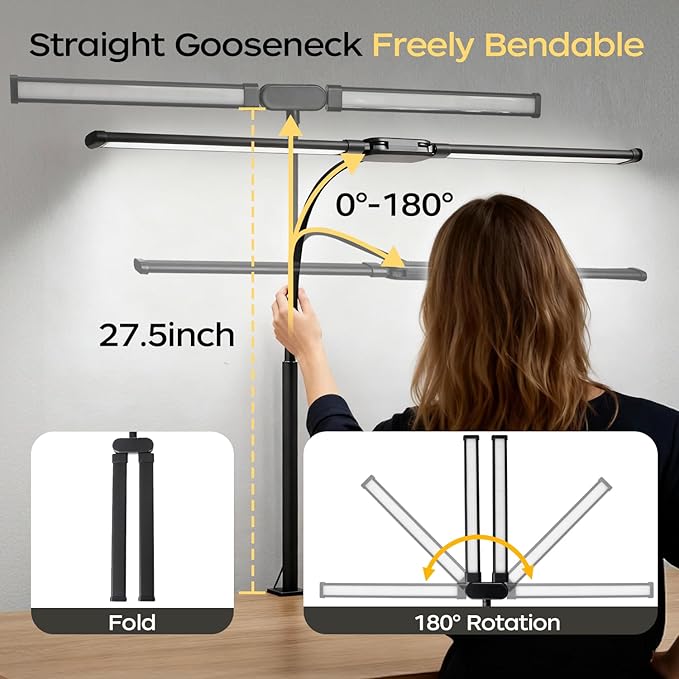 LED Desk Lamp with Clamp, Double Head Adjustable Architect Light, Eye-Caring Monitor Desk Lamp for Home Office, Flexible Gooseneck Task Lamp with 10 Brightness Levels & 5 Color Temperature Modes Black