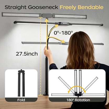 LED Desk Lamp with Clamp, Double Head Adjustable Architect Light, Eye-Caring Monitor Desk Lamp for Home Office, Flexible Gooseneck Task Lamp with 10 Brightness Levels & 5 Color Temperature Modes Black