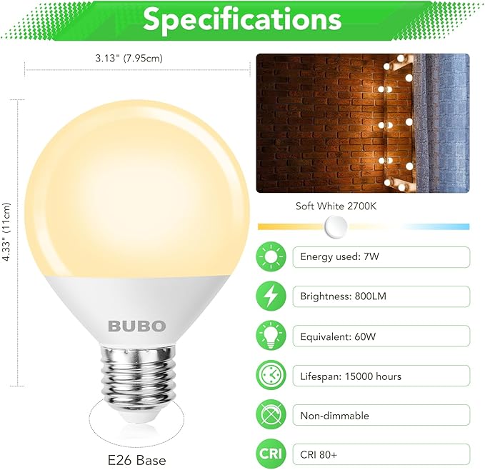 BUBO Vanity Light Bulbs for Bathroom Over Mirror, 60 Watt Equivalent, Soft White 2700K, G25 Globe Light Bulb 800 Lumens, Round Bulb with E26 Medium Base, 7W, Non-Dimmable, 10 Pack