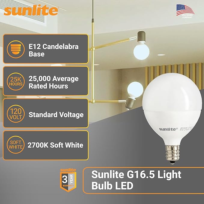 Sunlite G16.5 Light Bulb LED, 5W (40W Equiv.), 350 Lumens, Dimmable, Type G Globe Shape E12 Candelabra Base, Short Bulbs, Vanity Mirror Bulbs, 2700K Soft White, Frosted, 6 Count