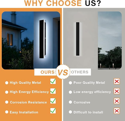2pcs Modern Long Outdoor Wall Light 23.6in Black Exterior Wall Lighting IP65 Waterproof Garage Outdoor Wall Sconce 3000K-6000K Dimmable LED Lights Linear Wall Light for House Porch Patio